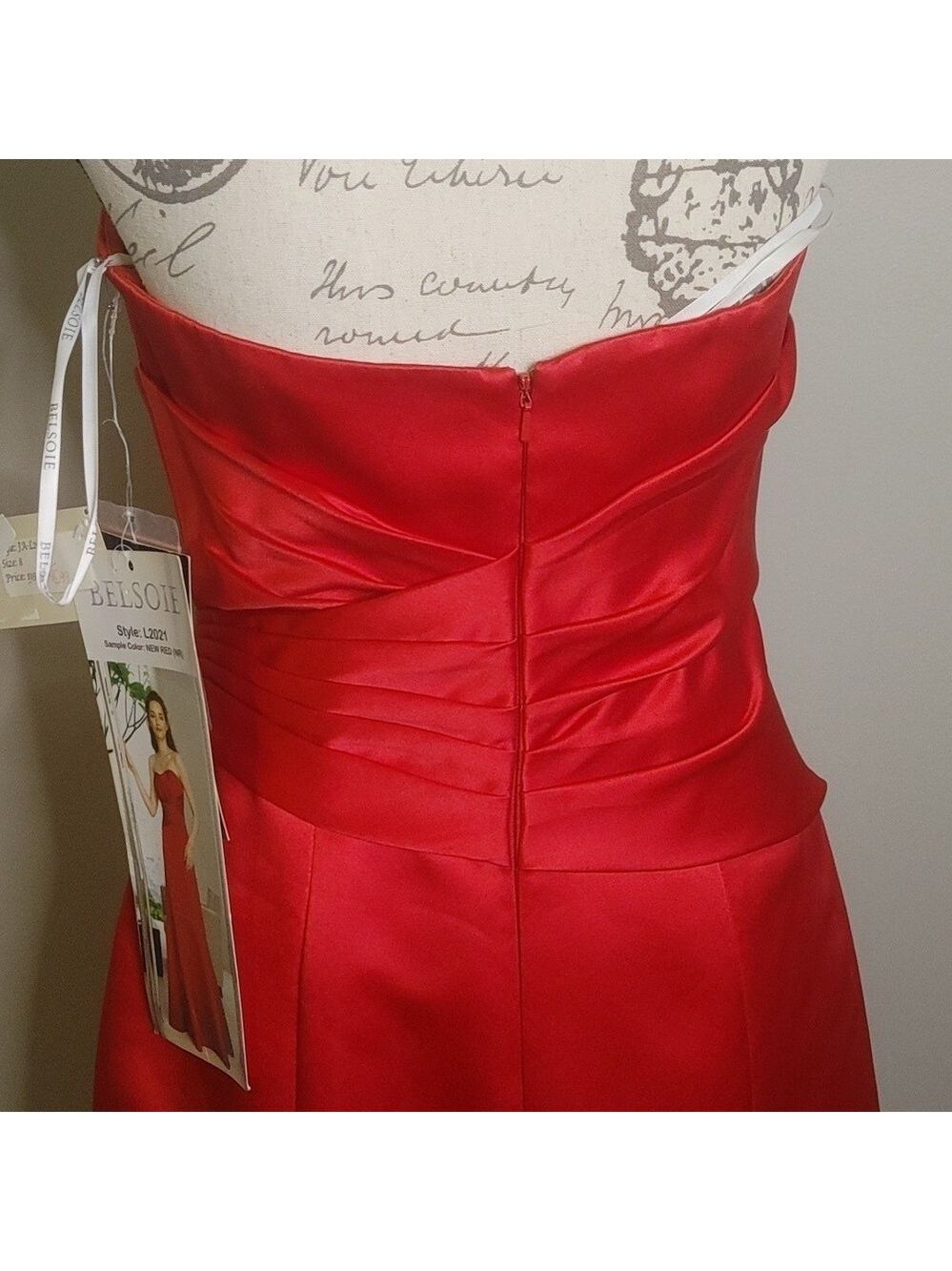 NWT Belsoie Red Satin Sweetheart Strapless Full Length Dress 8 - Picture 4 of 8